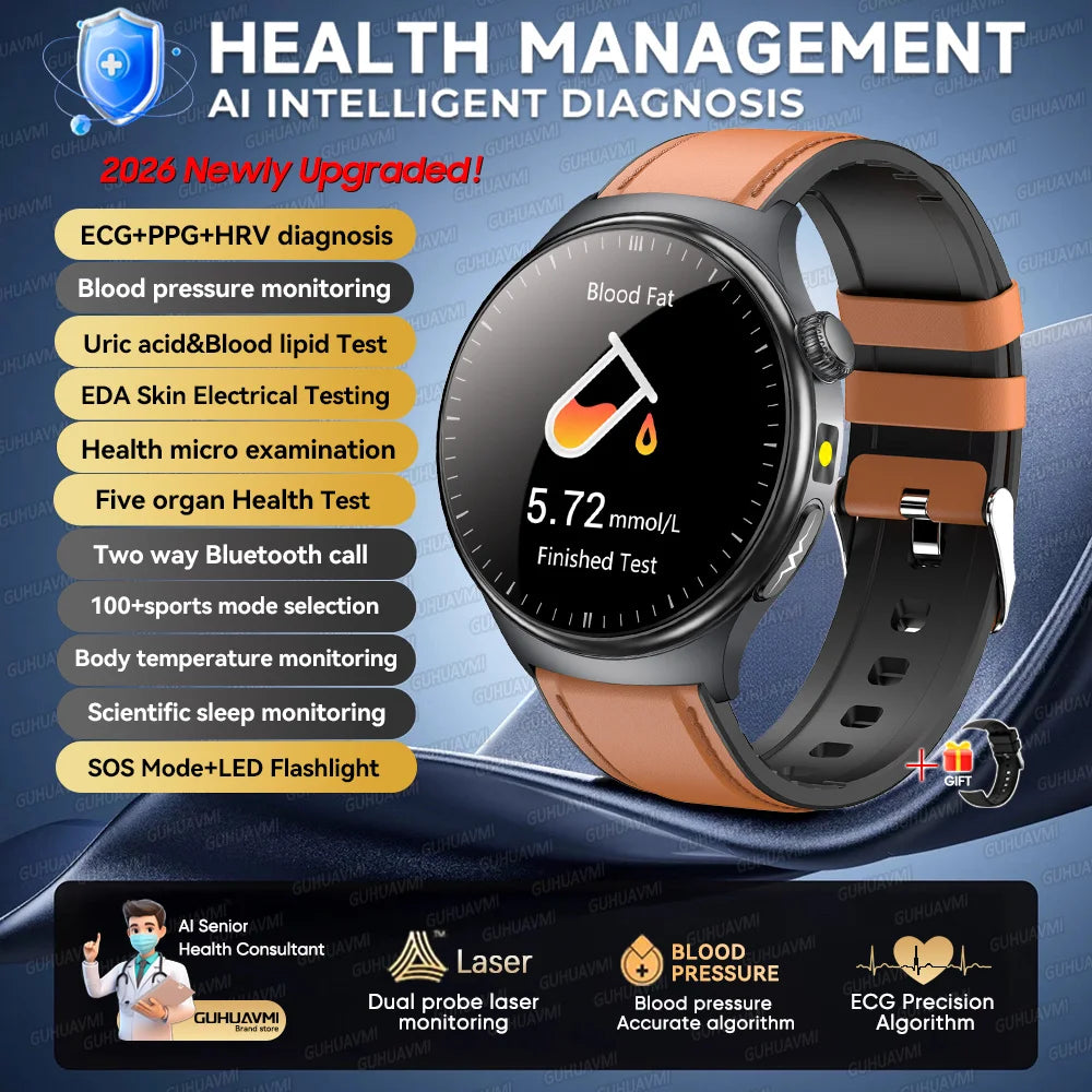 2026 AI Health Smartwatch ECG + PPG, Blood Pressure, Uric Acid & Body Fat Monitoring, AMOLED Display & Bluetooth Calling
