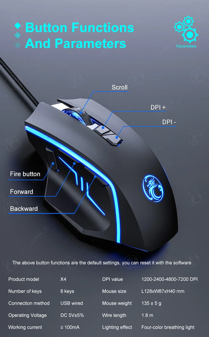 USB Wired Gaming Mouse RGB Backlit High Precision Optical Mouse, 8-Button 7200 DPI Gaming Mouse for PC, Laptop, Office & Home