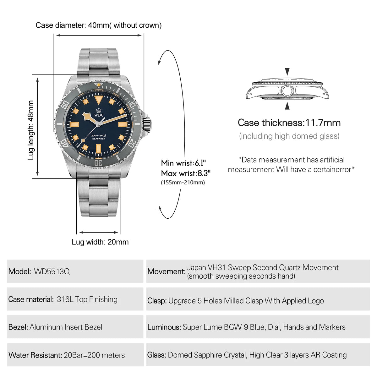 Watchdives WD5513Q Watch VH31 Sweep Second Movement Stainless Steel Sapphire Crystal Business Wristwatch Vintage Watches