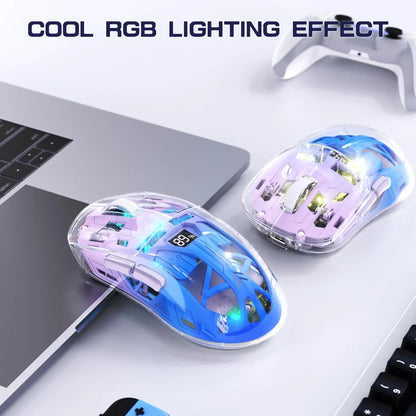 Brezžična gaming miška A2 Transparent, BT 5.0/2.4G za PC, polnilna RGB miška z digitalnim zaslonom, PixArt 3212, 5 nastavljivih DPI