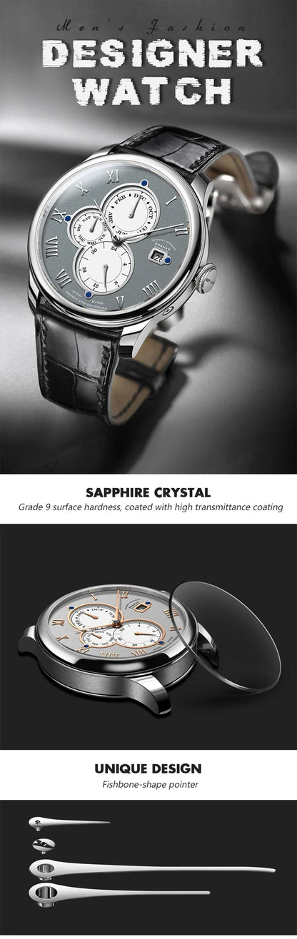 Marca de luxo BORMAN: Relógios mecânicos automáticos para homem, com cristal de safira, resistentes à água até 50 m, mostrador multifunções e bracelete em pele de estilo retro – BM18011