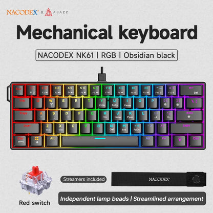 AJAZZ NK61 Wired 61-Key Gaming Mechanical Keyboard 60% RGB Lighting Hot-Swappable Red Switches 61 Keys Suitable for Gamers