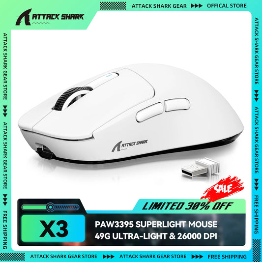 ATTACK SHARK X3 brezžična igralna miška, senzor PixArt PAW3395, 26K DPI, ultralahka 49g, tri-način 2.4G/Bluetooth/žično, za PC/MAC
