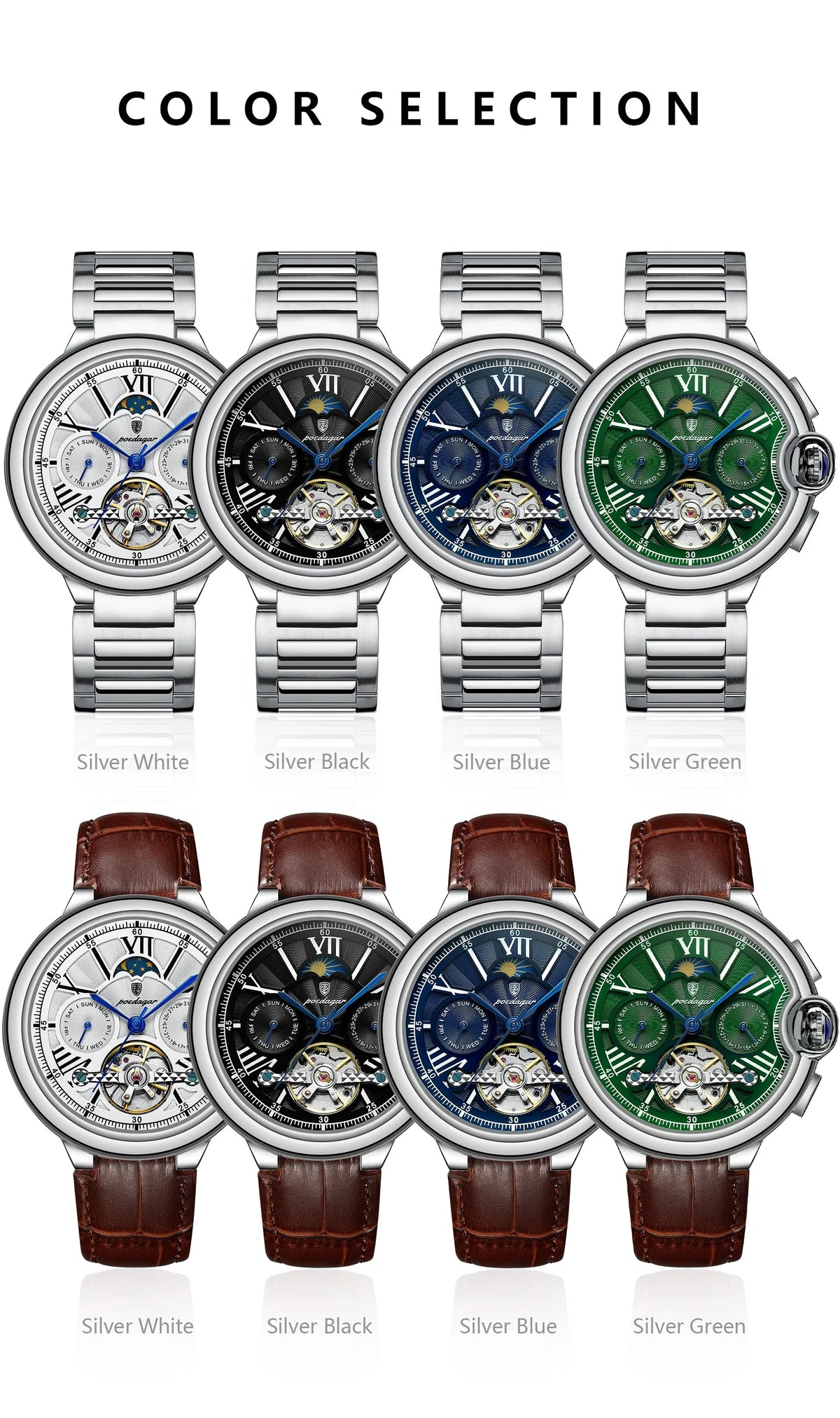 POEDAGAR Luxury Male Watch Tourbillon Date Week Stainless Steel Men Watch Waterproof Automatic Mechanical Military Men's Watches