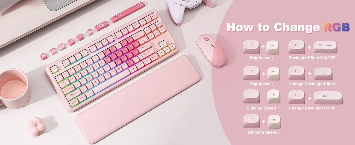 YUNZII B87 Pink Mechanical Gaming Keyboard, QMK/VIA Custom Gasket RGB Keyboard, Wireless Aesthetic Keeb, Wrist Rest for Win/Mac