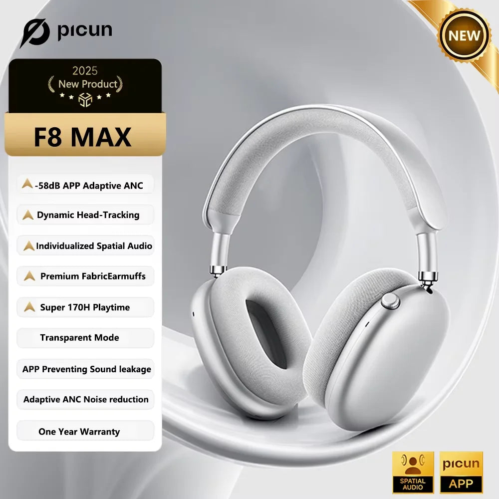 Picun F8 Pro ANC Wireless Headphones with 3D Spatial Audio, Bluetooth 5.4 Head Tracking, -52dB Noise Cancelling, HiFi Gaming Headset