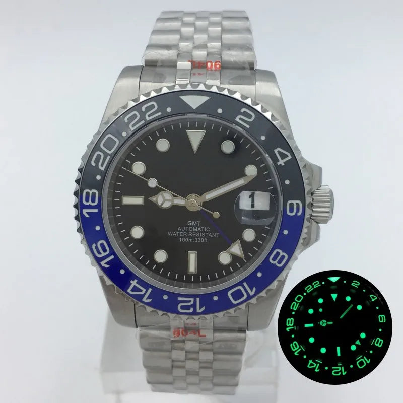 BLIGER 40mm NH34 GMT Watch For Men Mechanical Wristwatch Luminous Bezel Sapphire Glass Stainless Steel Bracelet Reloj Hombre