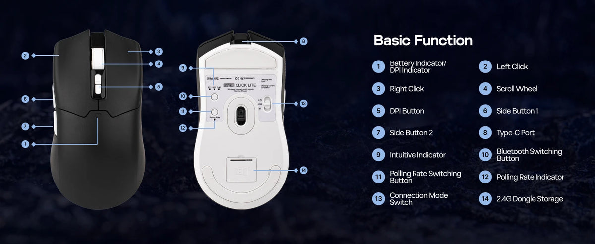 Mouse da gaming EPOMAKER Click Lite cablato/BT/wireless 2.4GHz con sensore PAW3311, da 800 a 24000 DPI e batteria da 500mAh per PC/Mac/Linux