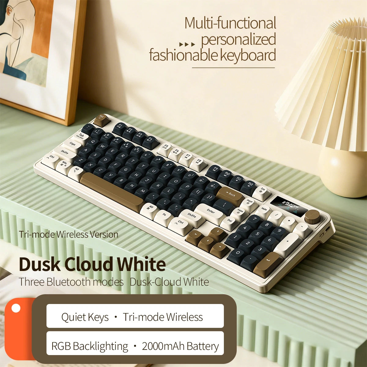 98 key Wireless Keyboard Knob Control BT/2.4g/Wired,RGB LED Backlight Display,2000mA Battery for PC/Laptop
