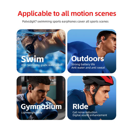 POLVCDG X7 Bone Conduction Headphones Bluetooth 5.3 IPX8 Waterproof Swimming Headset with 32GB MP3 Memory & Microphone
