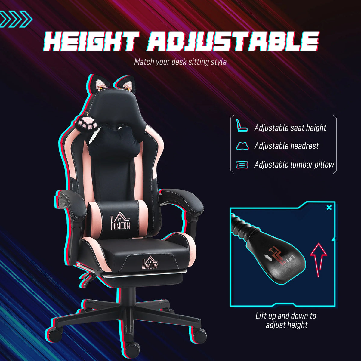 HOMCOM Gaming Chair with Adjustable Height Arms, Footrest, Reclining Backrest, Ergonomic Racing Style Office Chair for Gaming & Work