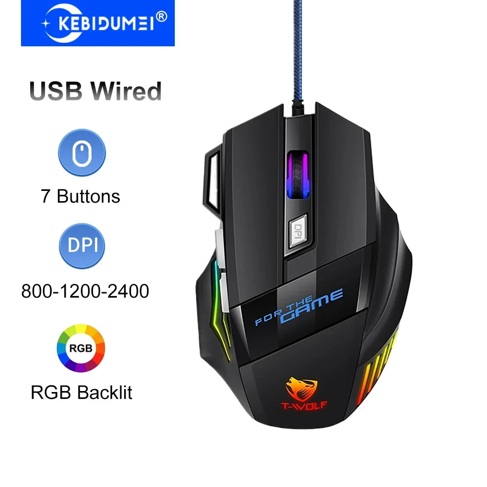 KEBIDUMEI Wired Gaming Mouse RGB Backlit 7 Button Ergonomic USB Mouse 2400 DPI Adjustable DPI Optical Mouse for PC Laptop