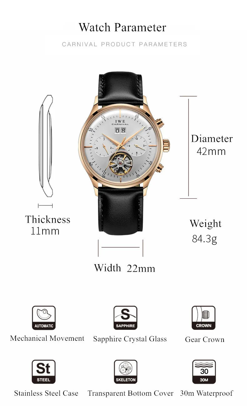 Montre CARNIVAL Mechanical Dress Watches for Men Brands Luxury Sapphire Automatic Wristwatches Mens Waterproof 2025 Reloj Hombre