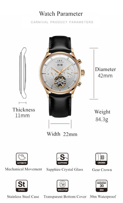 Montre CARNIVAL Mechanical Dress Watches for Men Brands Luxury Sapphire Automatic Wristwatches Mens Waterproof 2025 Reloj Hombre