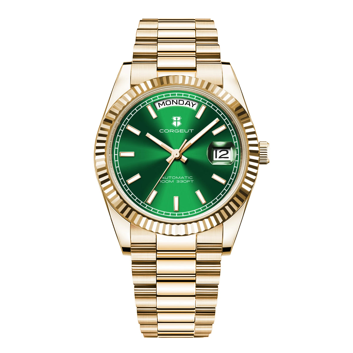 CORGEUT NH36 Mechanical Men's Watch Date of the Week Show President Chain Strap Steel Case Watch Threaded Arc Bezel waterp