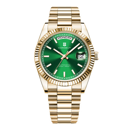CORGEUT NH36 Mechanical Men's Watch Date of the Week Show President Chain Strap Steel Case Watch Threaded Arc Bezel waterp