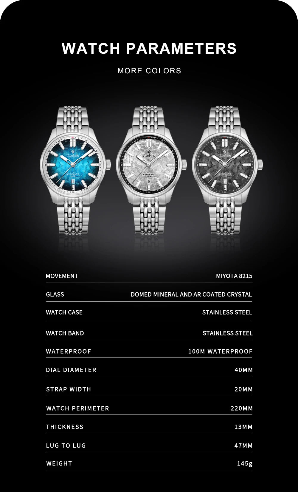CADISEN 2026 Automatic Mechanical Men's Watch Blue Dial Business Casual 10ATM Waterproof Japan MIYOTA 8215 Movement Wristwatch