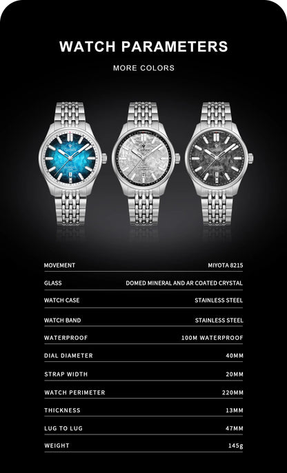 CADISEN 2026 Automatic Mechanical Men's Watch Blue Dial Business Casual 10ATM Waterproof Japan MIYOTA 8215 Movement Wristwatch
