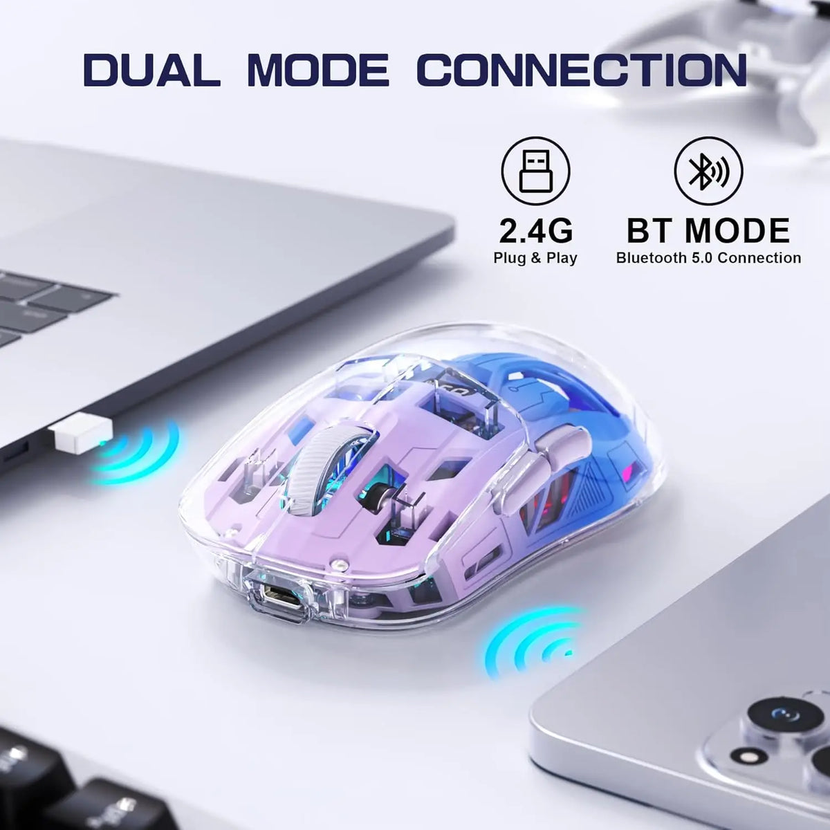 Brezžična gaming miška A2 Transparent, BT 5.0/2.4G za PC, polnilna RGB miška z digitalnim zaslonom, PixArt 3212, 5 nastavljivih DPI