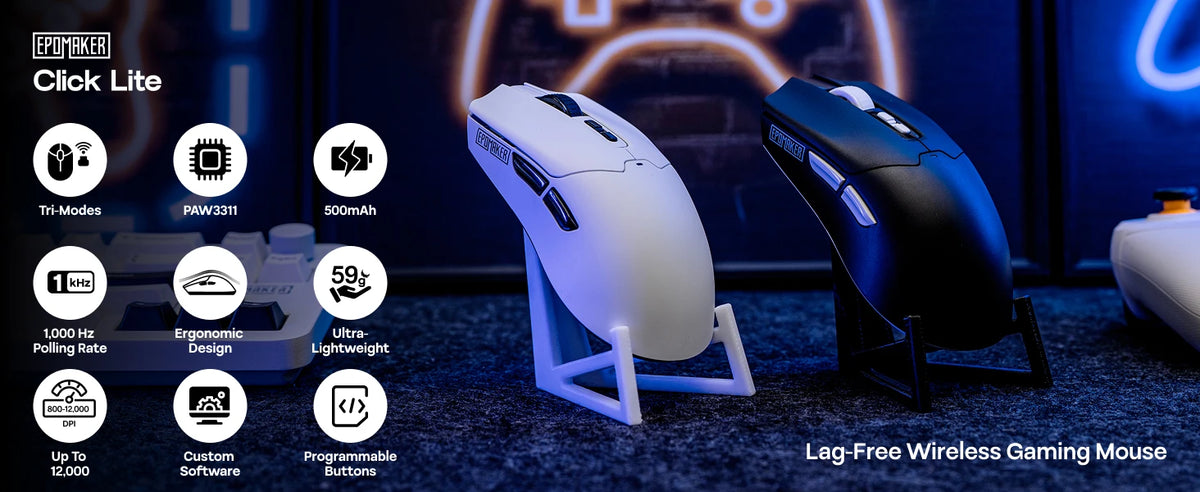 Mouse da gaming EPOMAKER Click Lite cablato/BT/wireless 2.4GHz con sensore PAW3311, da 800 a 24000 DPI e batteria da 500mAh per PC/Mac/Linux