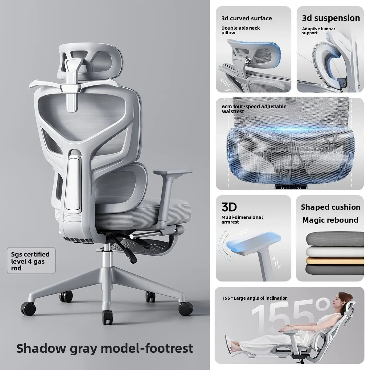 Nastavitelná ergonomická kancelářská židle ze síťoviny, prodyšná počítačová židle s vysokým opěradlem, 6D bederní opěrkou a výsuvnou podnožkou