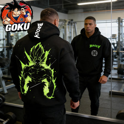 Retro fitness mikina s kapucí Dragon Ball podzim/zima 2026, 100% bavlna, potisk Broly, oversized streetwear pro muže, ženy, dospělé a děti