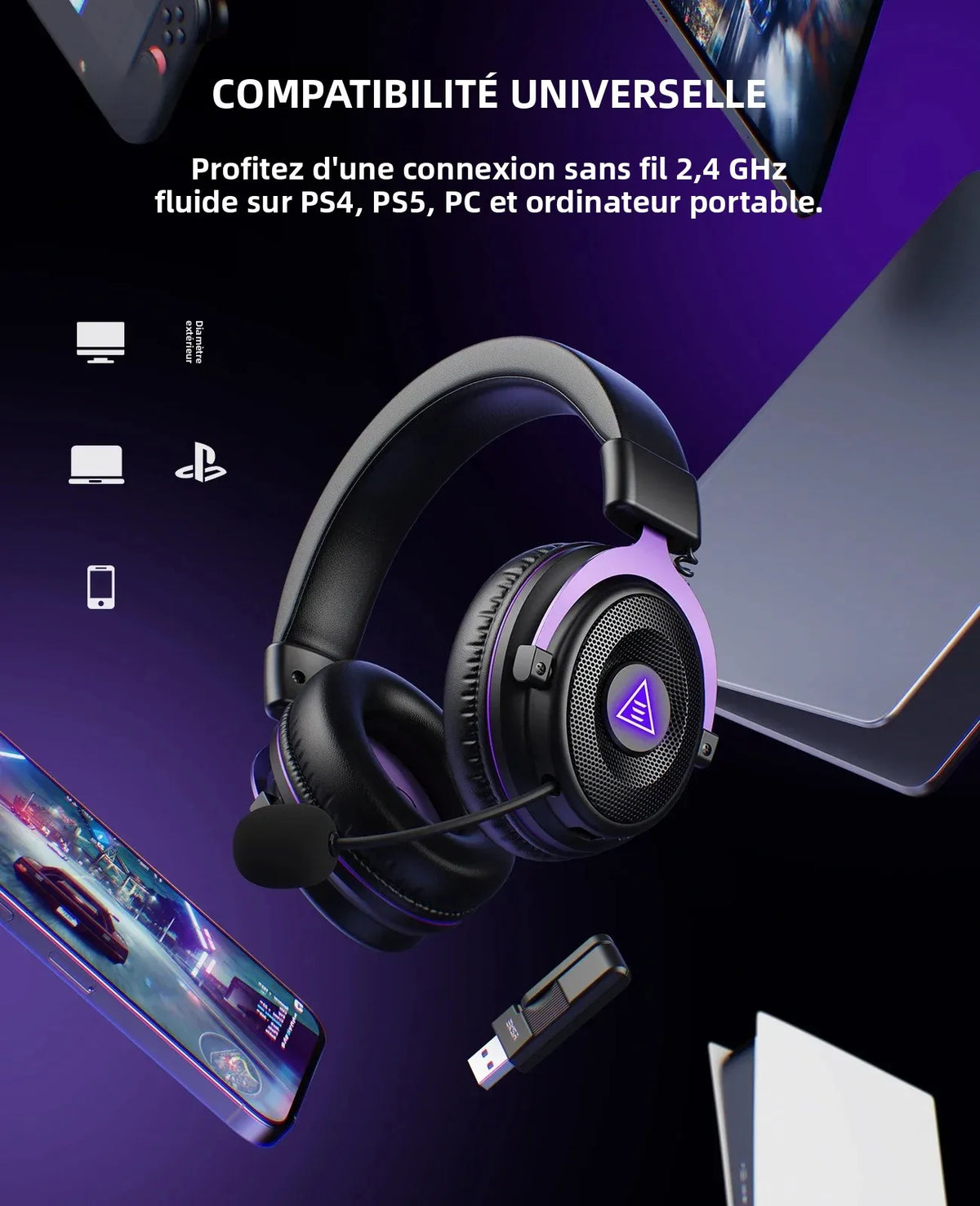 OneOdio EKSA E900 WT Wireless Gaming Headset Tri-Mode Bluetooth 5.3, 2.4GHz RGB Gaming Headset with Noise Cancelling Mic, 80H Battery for PC, PS5, PS4