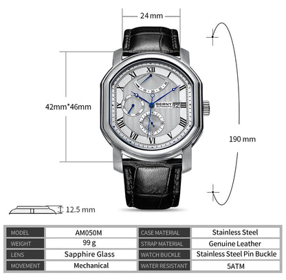 BERNY Men Mechanical Watch Top Accuracy Move Automatic Wristwatch Luxury Male Clock Sapphire Self-Winding Men's Watch Waterproof