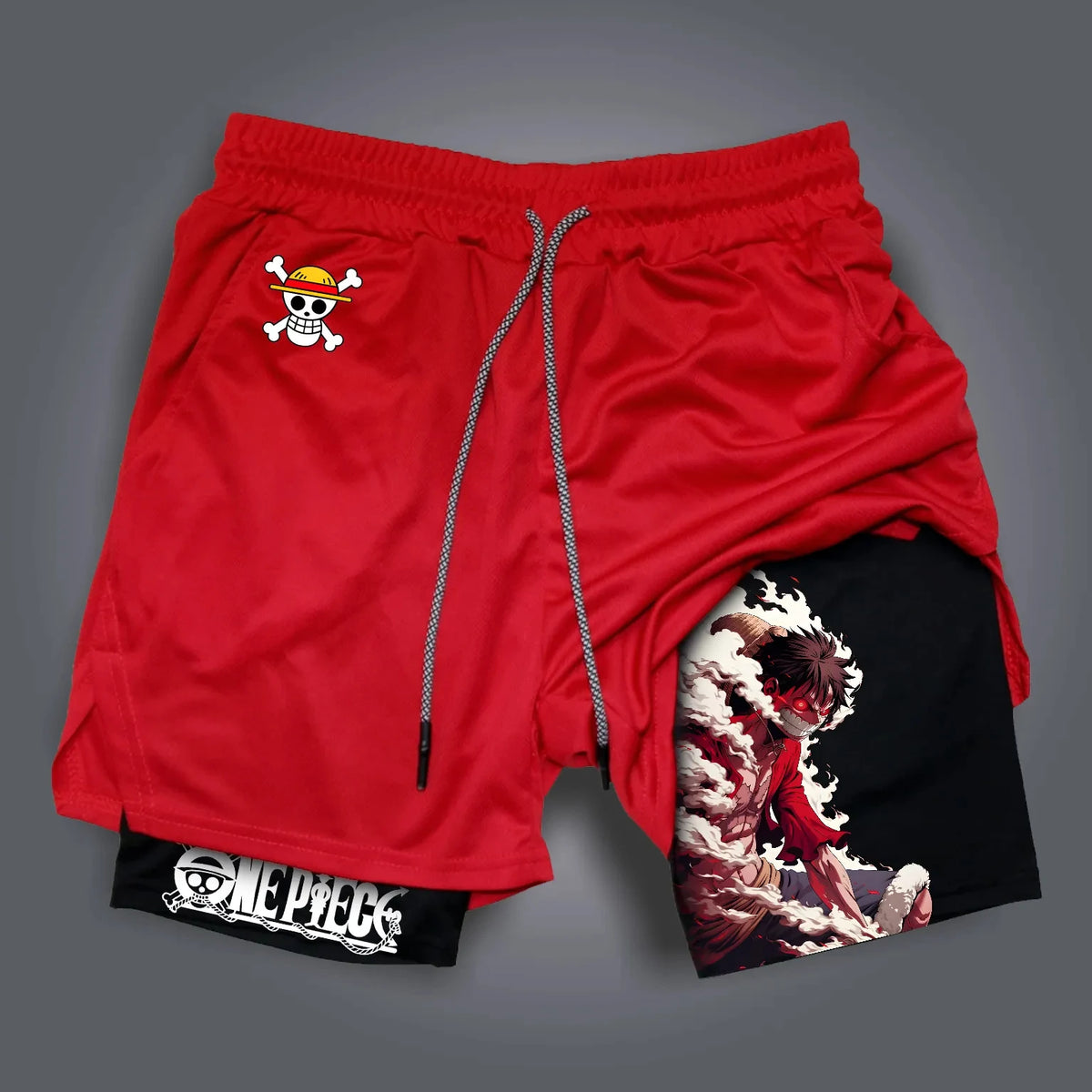 ONE PIECE Classic Anime Luffy Peripheral Printed Double-layer Shorts 2025 American Summer Men's Loose Sports Breathable Pants