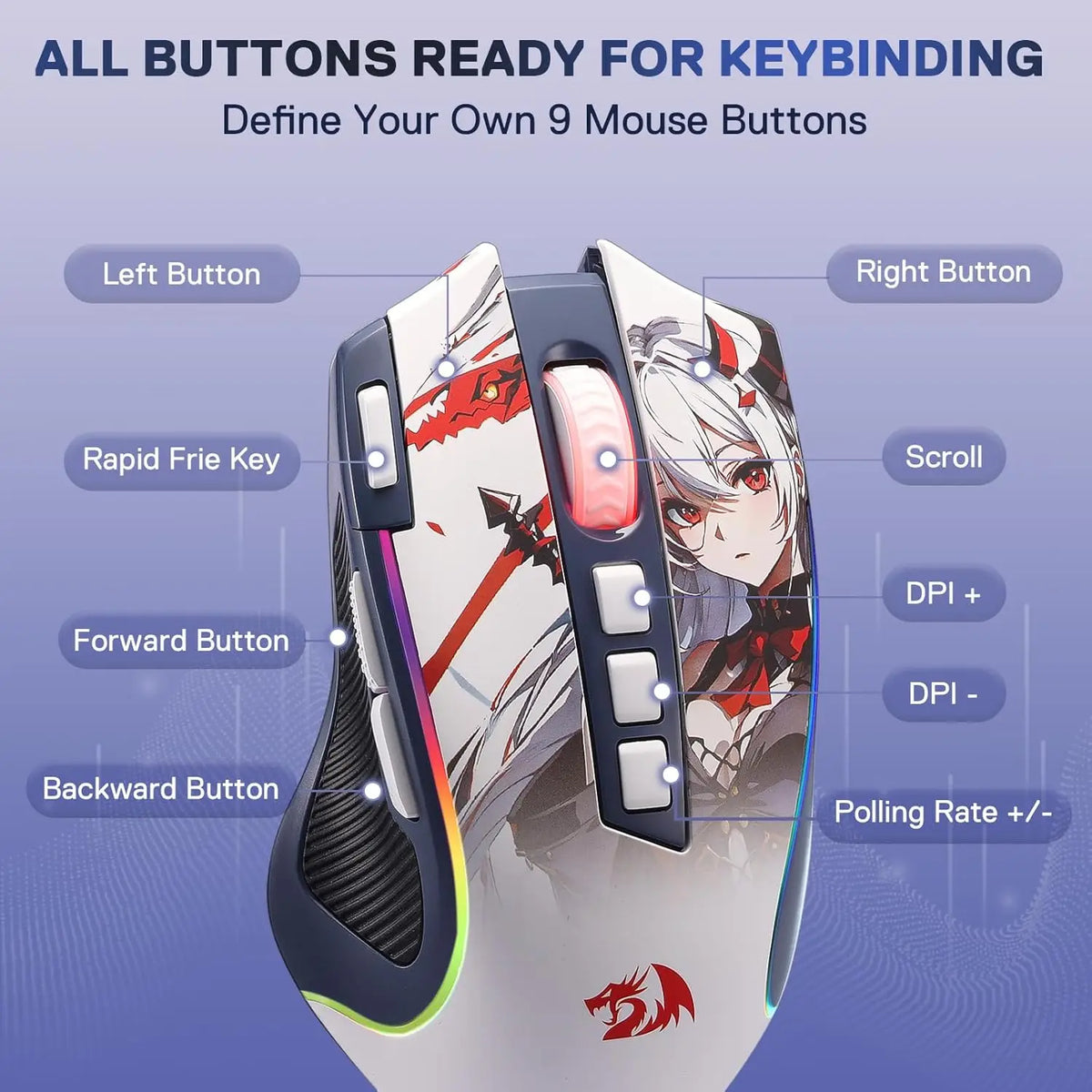 Redragon M612AK PRO RGB Gaming Mouse Wireless & Wired, 8000 DPI Optical Gaming Mouse with 9 Programmable Buttons, RGB Backlit Ergonomic Gaming Mouse