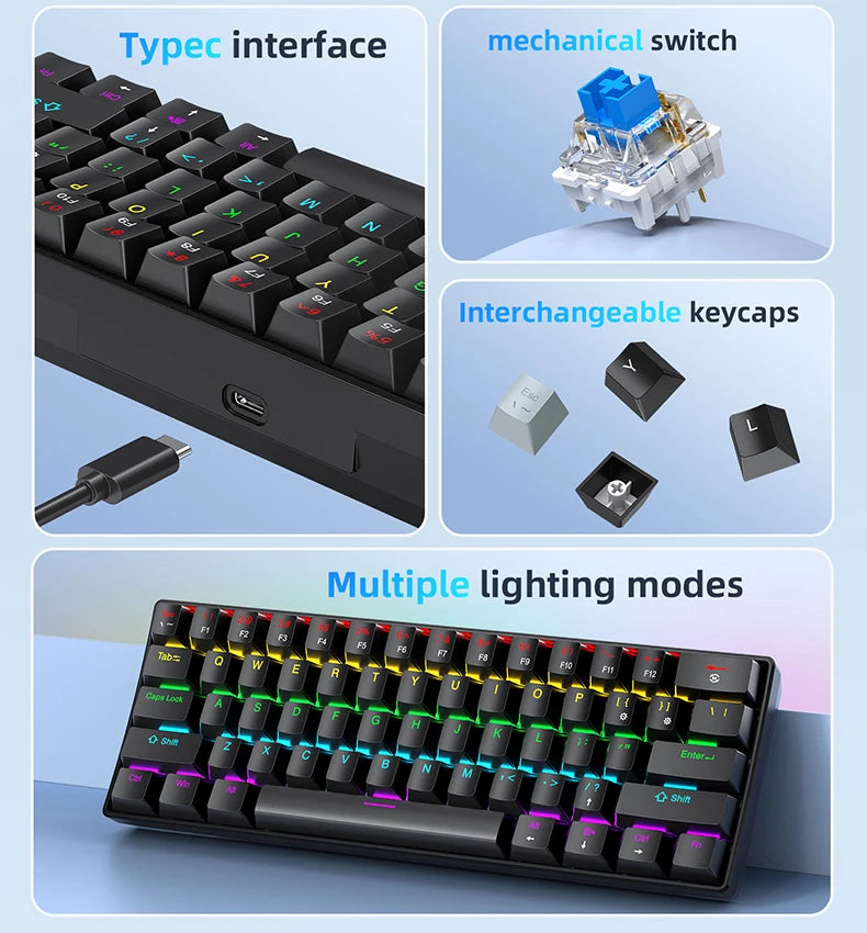 APAYADO K61 60% mini drátová herní mechanická klávesnice Phantom RGB, 61 kláves, červené/modré spínače, ergonomická, přenosná pro PC/notebook