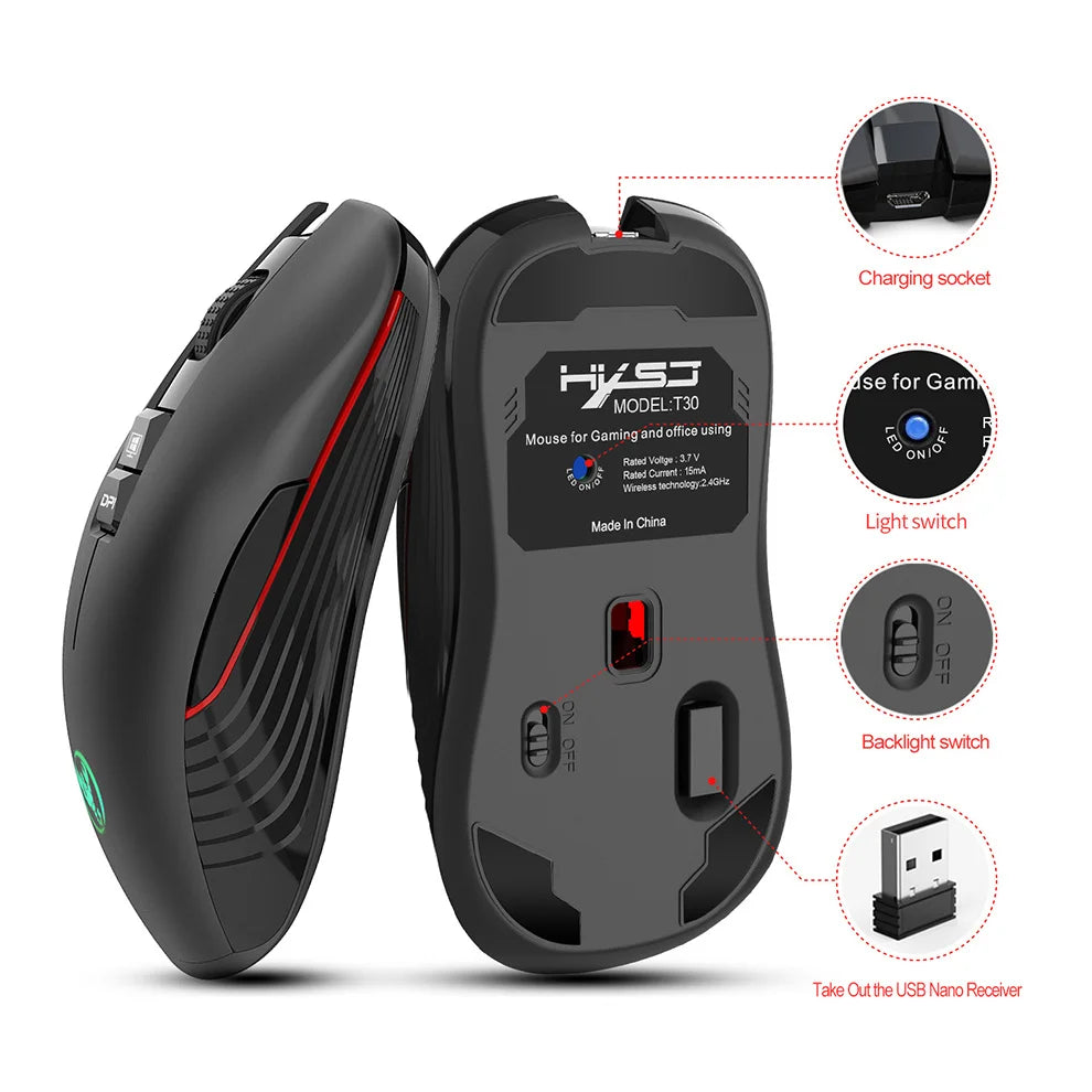 Ratón gaming inalámbrico USB-C 2.4G recargable, 3600DPI, 7 botones, Type-C, silencioso, para Macbook, portátil, PC y ordenador