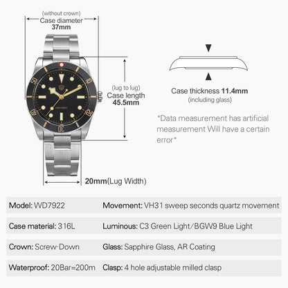 Watchdives WD7922 Quartz Watch Men VH31 Movement Sapphire Crystal 200m Waterproof Wristwatch Luminous 37mm Vintage BB54 Watches