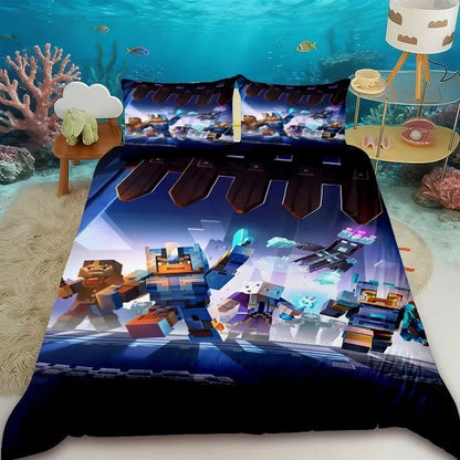 Cartoon Children Duvet Cover Minecraft Cartoon Quilt Cover Bedding Set Queen King Full Size with 1/2 Pillocase Bedroom