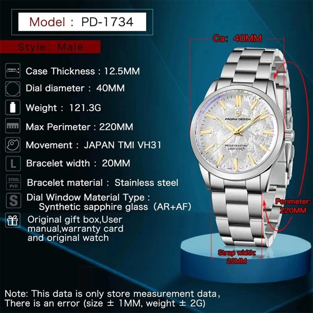 PAGANI DESIGN 40MM Orologio al quarzo da uomo con quadrante in meteorite, lusso business, zaffiro, acciaio inossidabile 316L, impermeabile 100M