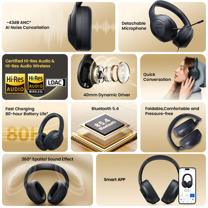 HAYLOU S30 Wireless Bluetooth 5.4 Headphones – 43dB Adaptive Noise Cancelling Over-Ear Headphones, 40mm Driver, 80H Playtime Hi-Res ANC Headset with Microphone