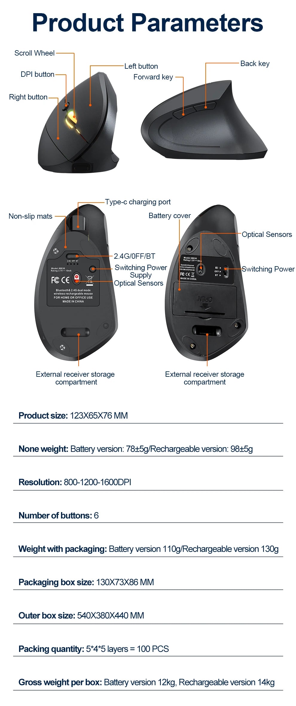 Mouse verticale wireless Bluetooth 2.4G ricaricabile ergonomico 1600DPI regolabile da gaming 6 pulsanti per laptop PC computer
