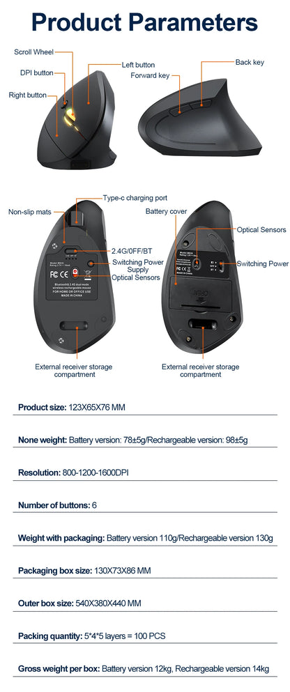 Mouse verticale wireless Bluetooth 2.4G ricaricabile ergonomico 1600DPI regolabile da gaming 6 pulsanti per laptop PC computer