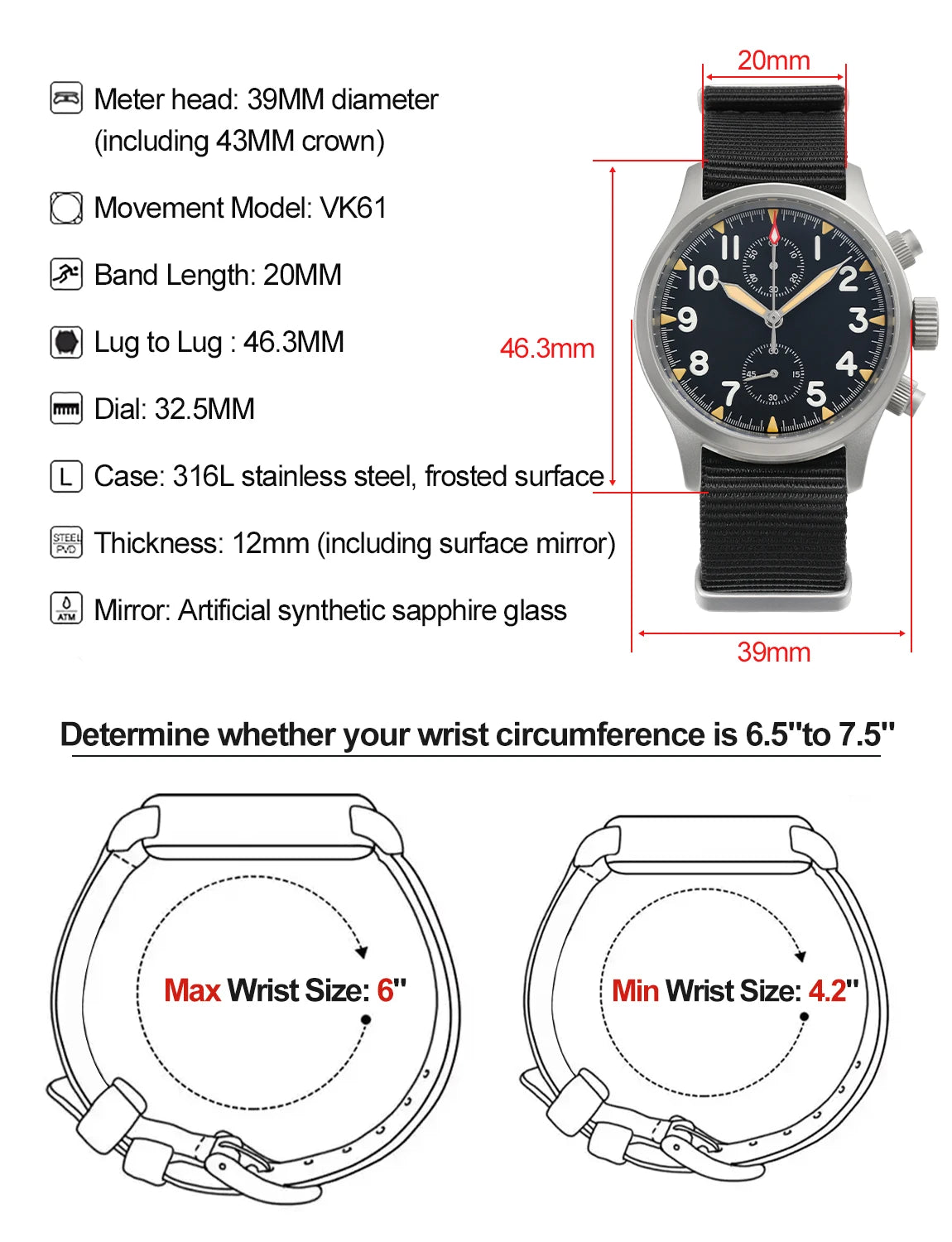 Militado ML1868 Watch - VK61 Quartz Movement 100m Waterproof Watches Men Stainless Steel Chronograph Sapphire Crystal Wristwatch