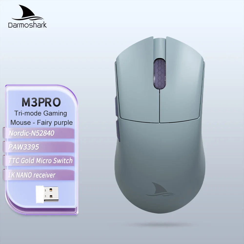 Ratón gaming Darmoshark M3Pro 2.4G BT inalámbrico trimodo con sensor PAW3395 N52840, 26000DPI, para manos grandes, controlador macro para gaming