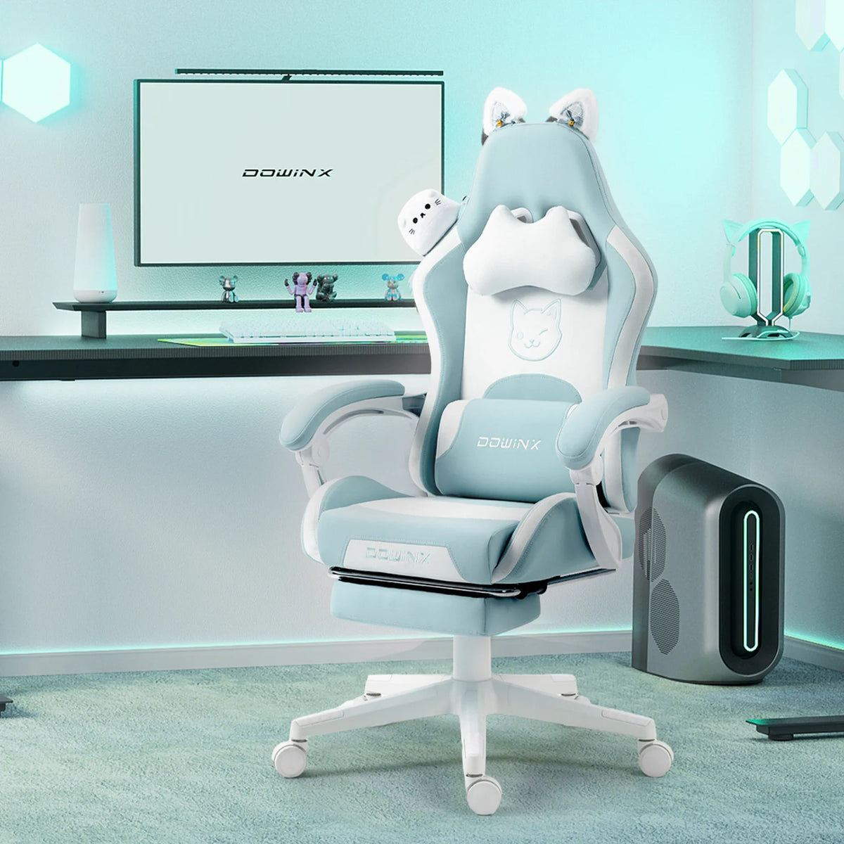 Cute Gaming Chair with Cat Ears, Pink Kawaii Ergonomic Gamer Chair with Footrest, Cat Paw Lumbar Support, High Back Computer Gaming Chair