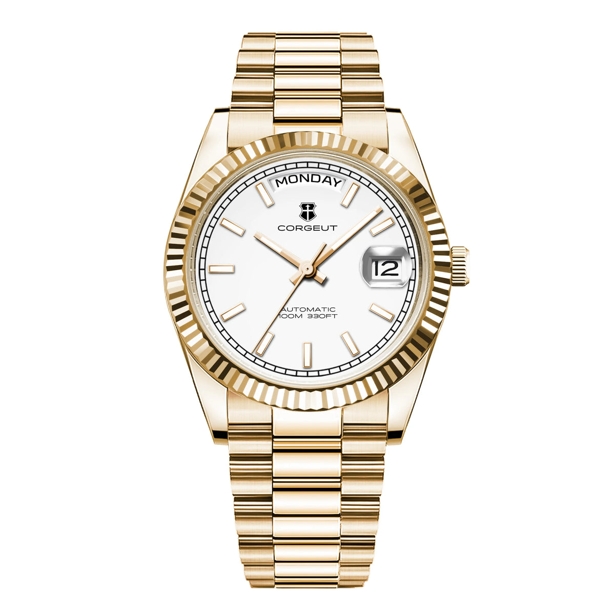 CORGEUT NH36 Mechanical Men's Watch Date of the Week Show President Chain Strap Steel Case Watch Threaded Arc Bezel waterp