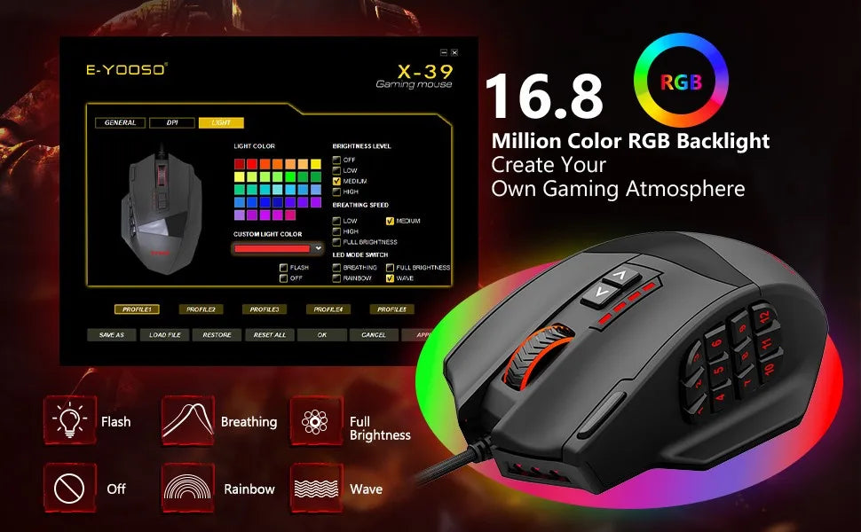 Mouse gaming programmabile E-YOOSO X-39, mouse RGB cablato con 18 pulsanti, 8 pesi removibili, 5 DPI, impugnatura ergonomica per computer
