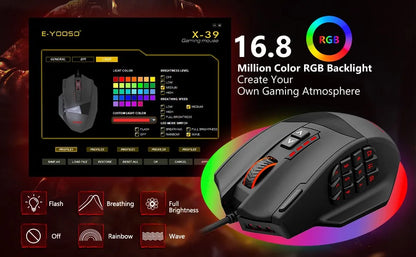 Mouse gaming programmabile E-YOOSO X-39, mouse RGB cablato con 18 pulsanti, 8 pesi removibili, 5 DPI, impugnatura ergonomica per computer