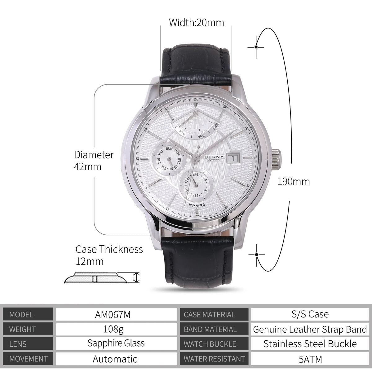 BERNY Luxury Automatic Mechanical Watch for Men Calendar Sapphire MIYOTA 9110 Dress Business Wristwatch High-end Men's Watches