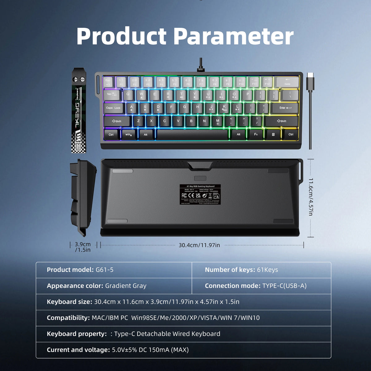 7KEYS 60% Compact Wired Keyboard with RGB Backlighting, Gradient Keycaps, USB Gaming Keyboard for Windows PC, Laptop & Tablet
