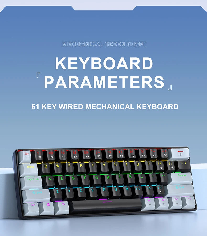 APAYADO K61 60% mini drátová herní mechanická klávesnice Phantom RGB, 61 kláves, červené/modré spínače, ergonomická, přenosná pro PC/notebook