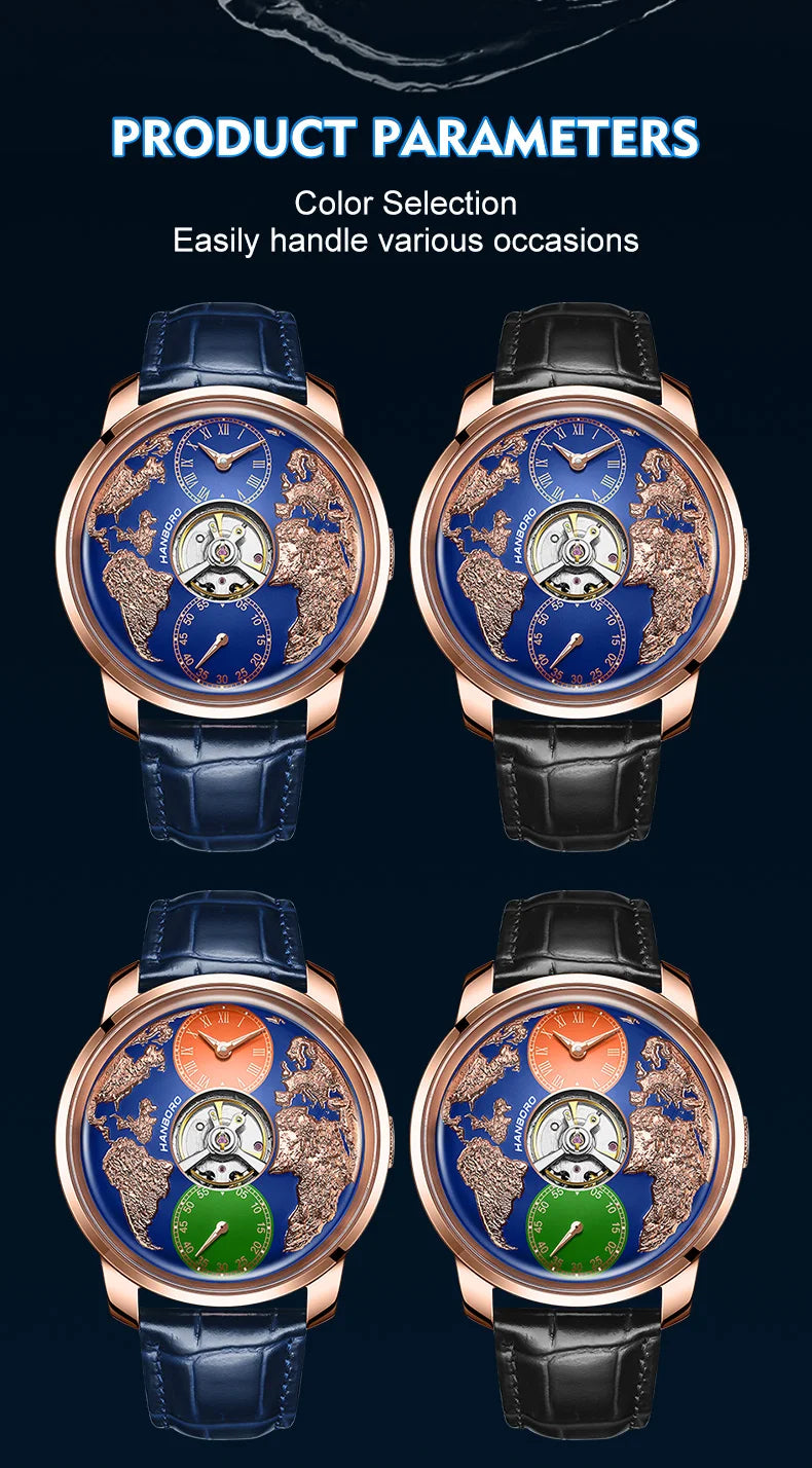HANBORO World Time Series Men's Fully Automatic Mechanical Watch with Hollow Flywheel World Earth Personality Watch 1026