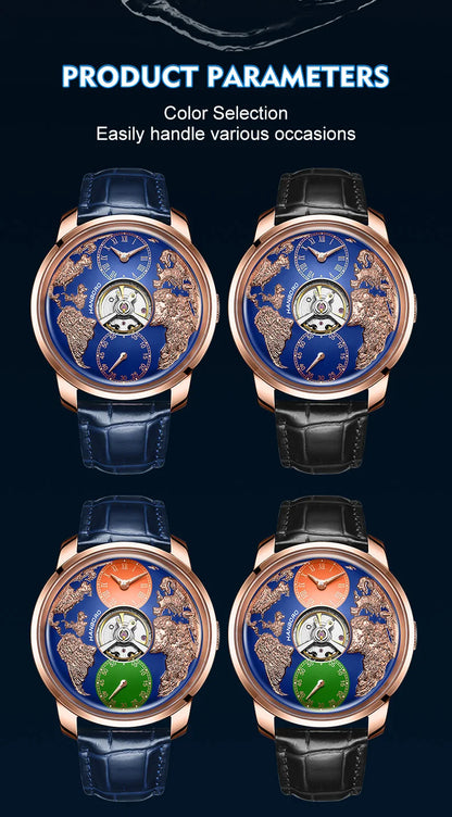 HANBORO World Time Series Men's Fully Automatic Mechanical Watch with Hollow Flywheel World Earth Personality Watch 1026