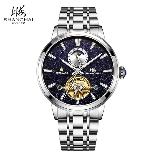 Shanghai Watch Flywheel Men's Watches Calendar Starlight Dial Automatic Mechanical Wristwatch 316L Stainless Steel Clock S8609